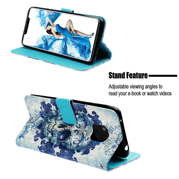 Pattern Printing PU Leather Wallet Case for Huawei Mate 20 Pro - Blue Skull and Flowers-4