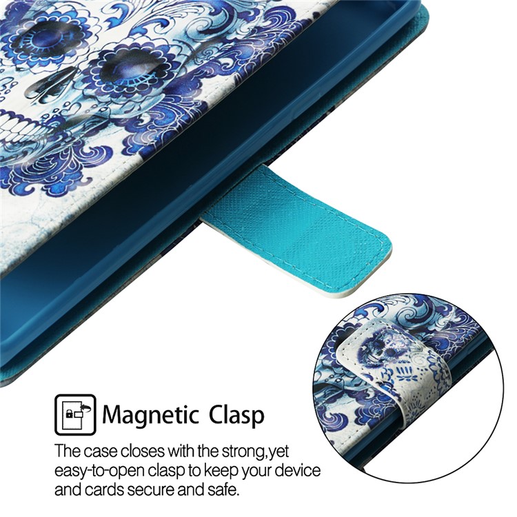 Pattern Printing PU Leather Wallet Case for Huawei Mate 20 Pro - Blue Skull and Flowers-5