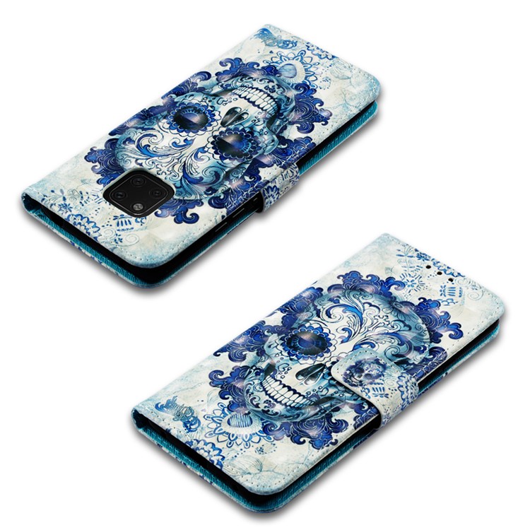 Pattern Printing PU Leather Wallet Case for Huawei Mate 20 Pro - Blue Skull and Flowers-7