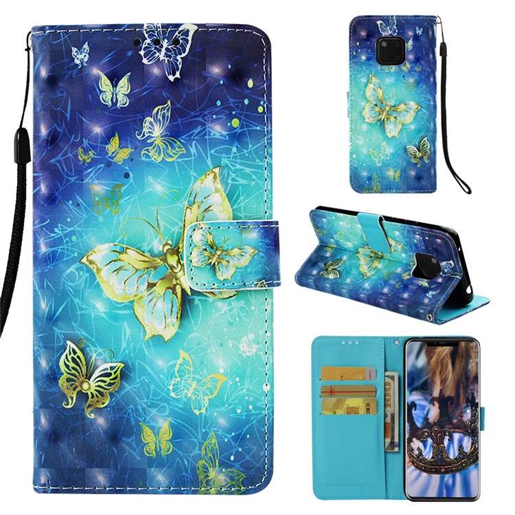 Pattern Printing PU Leather Wallet Shell for Huawei Mate 20 Pro - Gold Butterflies-1