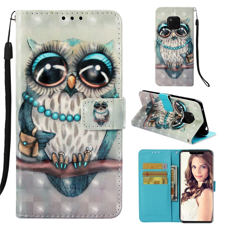 Pattern Printing Stand Leather Cover with Strap for Huawei Mate 20 Pro - Adorable Owl-1