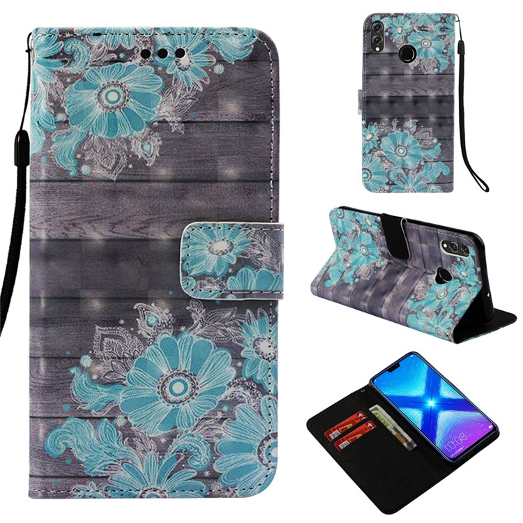Light Spot Decor Pattern Printing PU Leather Flip Phone Shell for Huawei Honor 8X / Honor View 10 Lite - Blue Flower-1