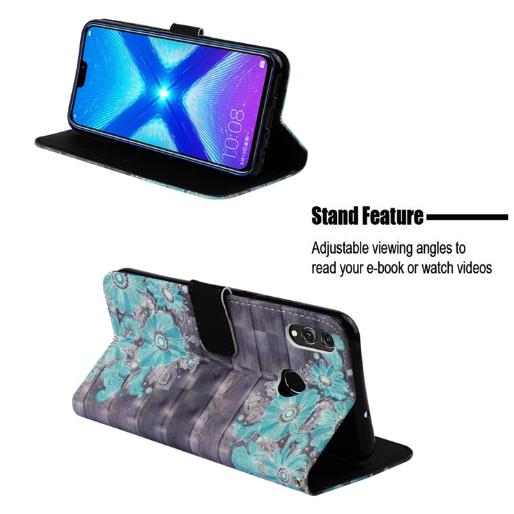 Light Spot Decor Pattern Printing PU Leather Flip Phone Shell for Huawei Honor 8X / Honor View 10 Lite - Blue Flower-4