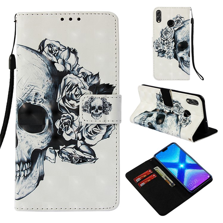 Light Spot Decor Pattern Printing PU Leather Protection Cell Phone Case for Huawei Honor 8X / Honor View 10 Lite - Flowered Skull-1
