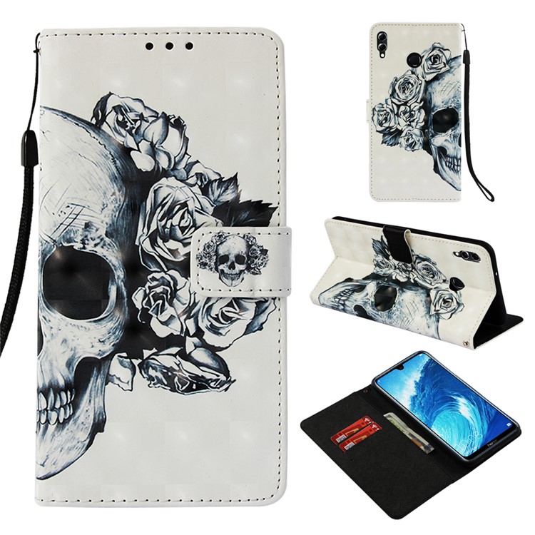 Light Spot Decor Pattern Printing Leather Wallet Phone Shell for Huawei Honor 8X Max - Flowered Skull-1