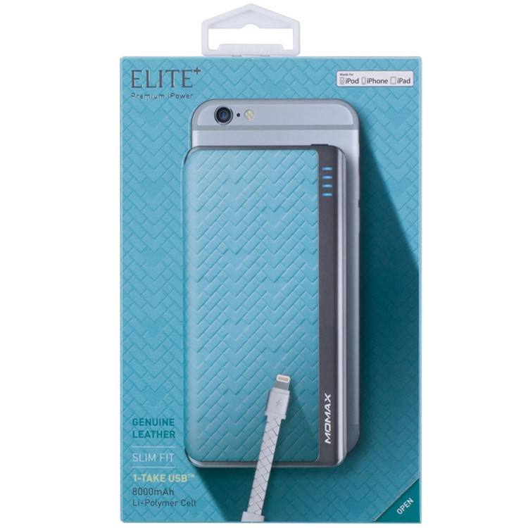 MOMAX MFI Certified iPower Elite+ 2.4A 8000mAh Power Pack Charger Cowhide Leather Skin - Blue-12