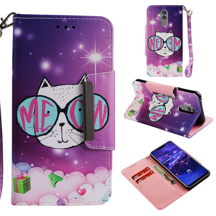Pattern Printing Cross Texture PU Leather Wallet Case for Huawei Mate 20 Lite - Lovely Cat Wearing Glasses-1