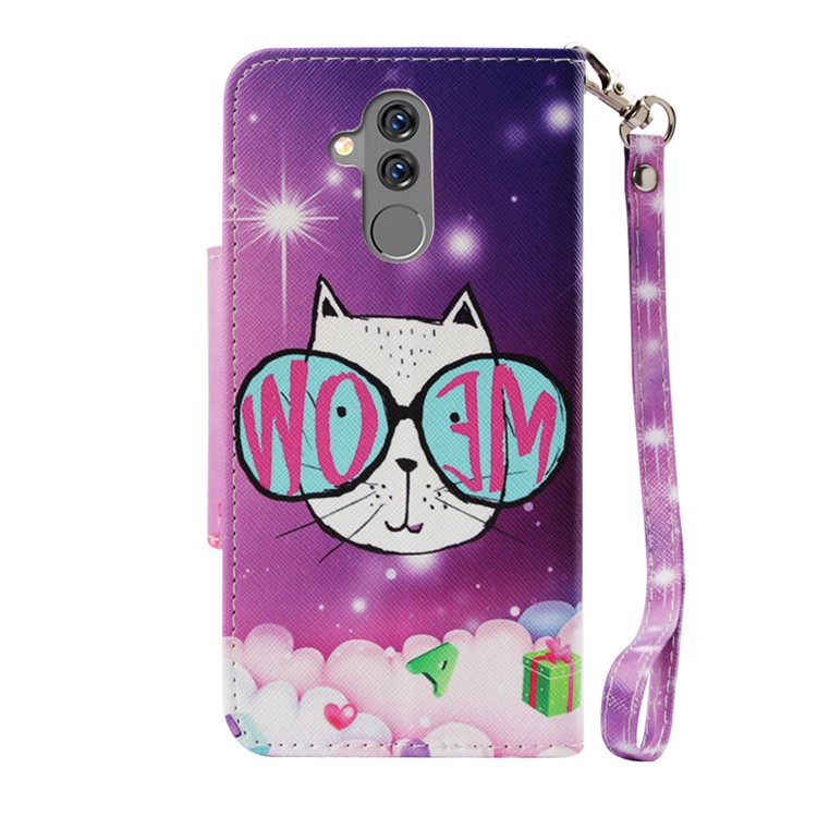 Pattern Printing Cross Texture PU Leather Wallet Case for Huawei Mate 20 Lite - Lovely Cat Wearing Glasses-3