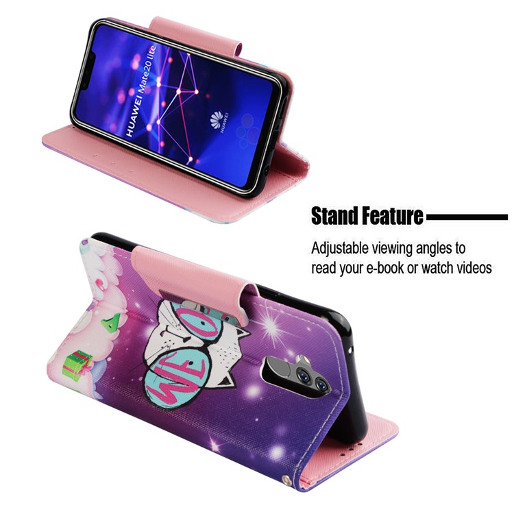 Pattern Printing Cross Texture PU Leather Wallet Case for Huawei Mate 20 Lite - Lovely Cat Wearing Glasses-4