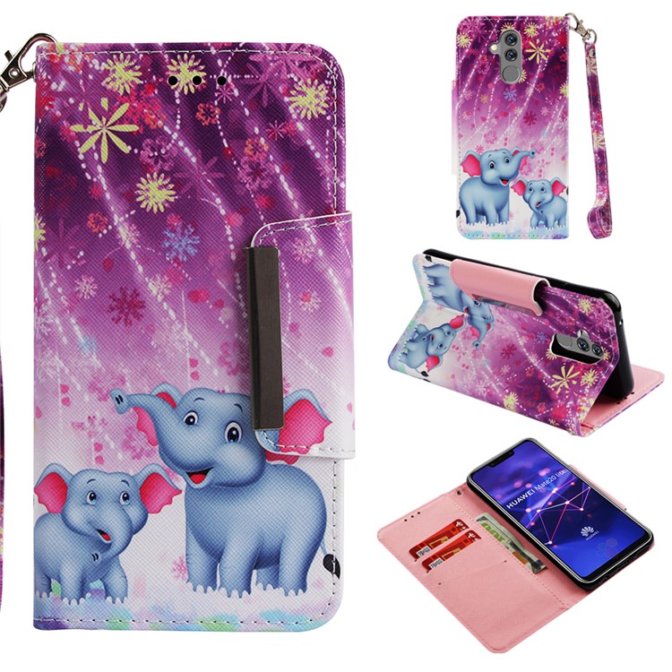 Pattern Printing Cross Texture Leather Wallet Stand Case for Huawei Mate 20 Lite - Elephant and Flowers-1