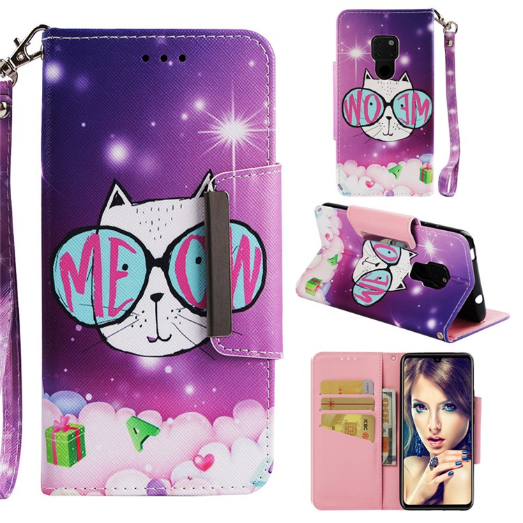 Pattern Printing Cross Texture Leather Wallet Stand Case for Huawei Mate 20 - Lovely Cat Wearing Glasses-1
