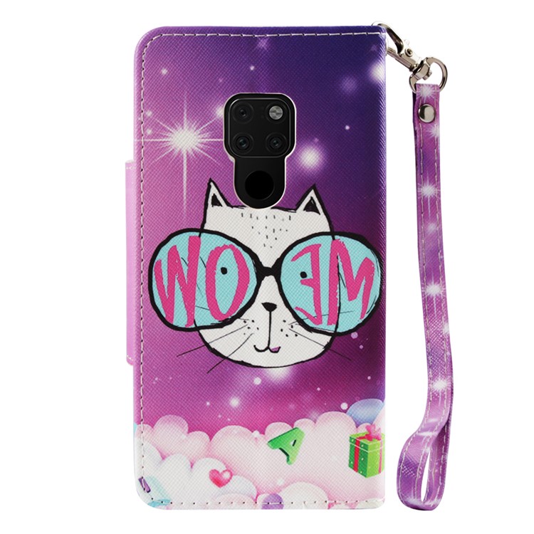 Pattern Printing Cross Texture Leather Wallet Stand Case for Huawei Mate 20 - Lovely Cat Wearing Glasses-3