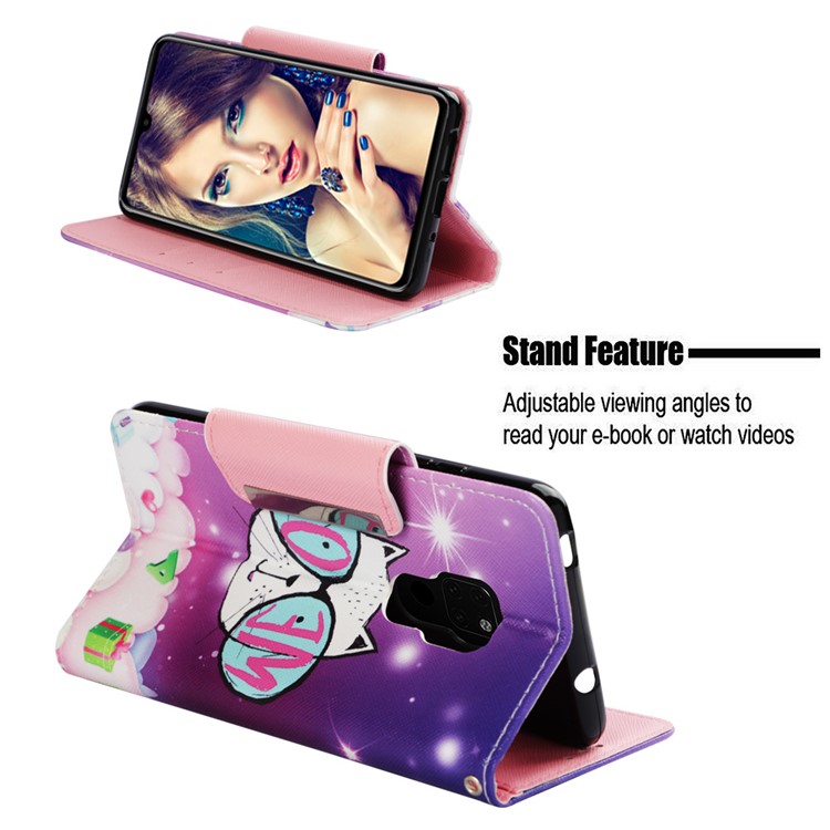 Pattern Printing Cross Texture Leather Wallet Stand Case for Huawei Mate 20 - Lovely Cat Wearing Glasses-4