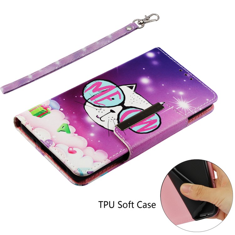 Pattern Printing Cross Texture Leather Wallet Stand Case for Huawei Mate 20 - Lovely Cat Wearing Glasses-5