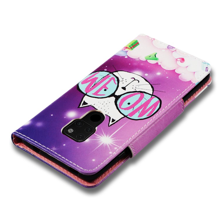 Pattern Printing Cross Texture Leather Wallet Stand Case for Huawei Mate 20 - Lovely Cat Wearing Glasses-7