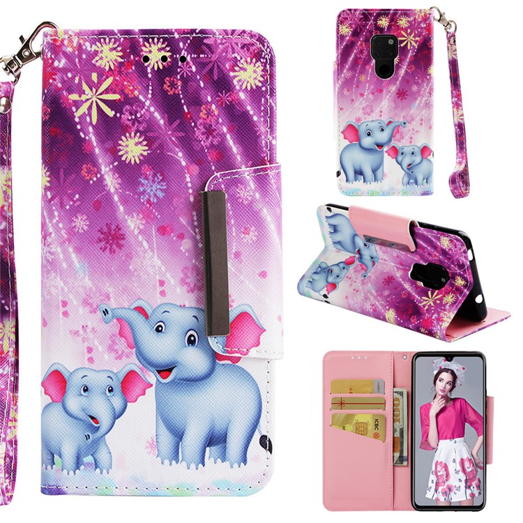 Pattern Printing Cross Texture Magnetic Leather Stand Cover for Huawei Mate 20 - Elephant and Flowers-1