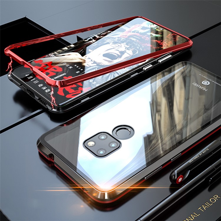 Detachable Magnetic Metal Frame + Tempered Glass Back Hybrid Cover for Huawei Mate 20 - Black / Red-1