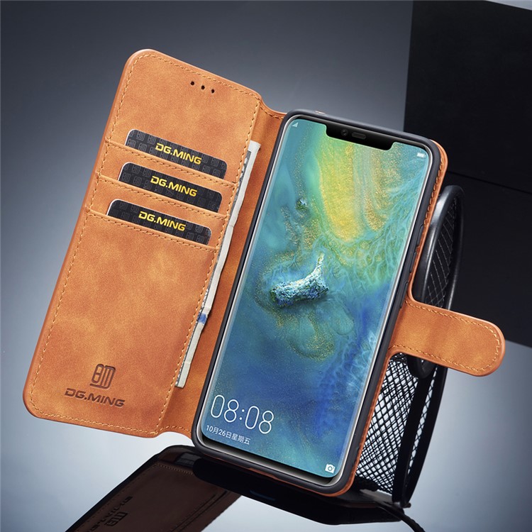 DG.MING Retro Style Cell Phone Leather Wallet Case for Huawei Mate 20 Pro - Brown-8