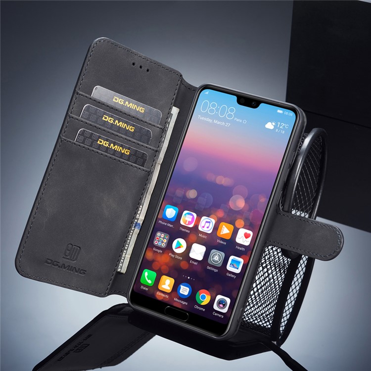 DG.MING Retro Style Leather Wallet Case for Huawei P20 Pro - Black-8
