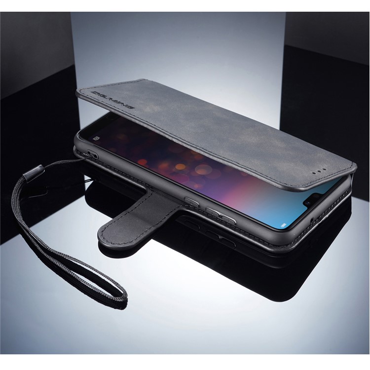 DG.MING Retro Style Leather Wallet Case for Huawei P20 - Black-6