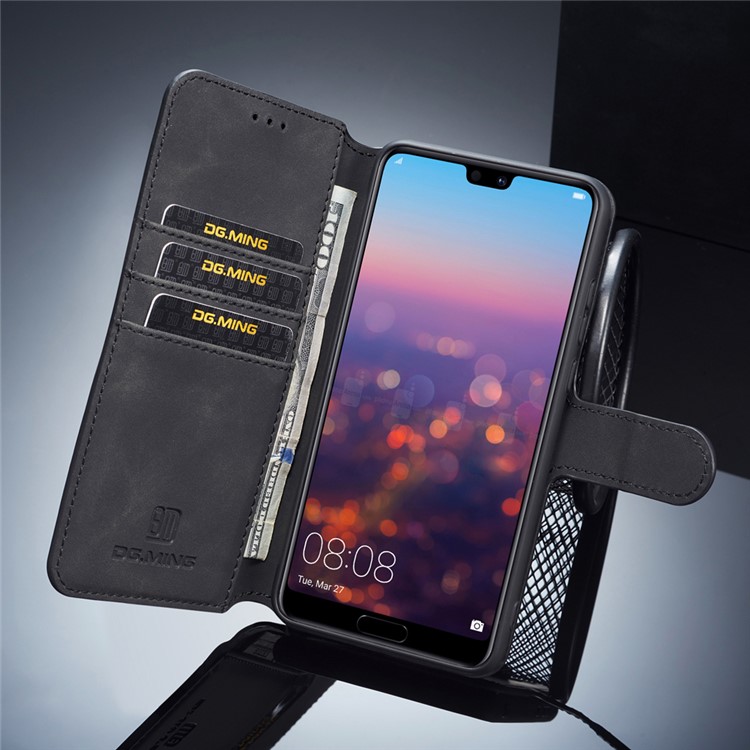 DG.MING Retro Style Leather Wallet Case for Huawei P20 - Black-8