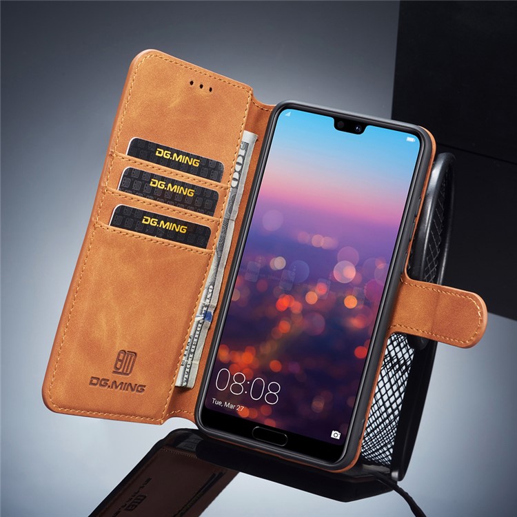 DG.MING Retro Style Leather Wallet Case Cover for Huawei P20 - Brown-8
