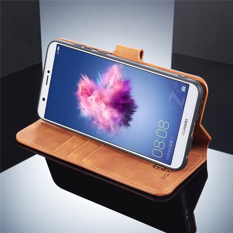 DG.MING Retro Style Cell Phone Leather Wallet Case for Huawei P Smart (2017) / Enjoy 7S - Brown-4