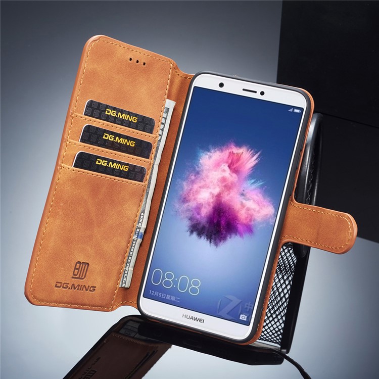 DG.MING Retro Style Cell Phone Leather Wallet Case for Huawei P Smart (2017) / Enjoy 7S - Brown-8