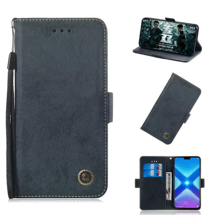 For Huawei Honor 8X/Honor View 10 Lite Vintage Style PU Leather Wallet Mobile Phone Casing - Dark Blue-1