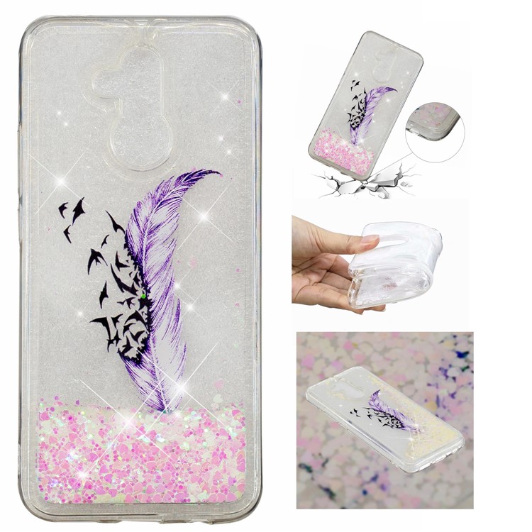 Liquid Glitter Powder Quicksand Inside Pattern Printing Shockproof TPU Back Case for Huawei Mate 20 Lite - Purple Feather and Birds-1