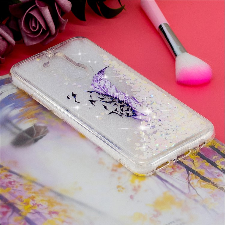Liquid Glitter Powder Quicksand Inside Pattern Printing Shockproof TPU Back Case for Huawei Mate 20 Lite - Purple Feather and Birds-6