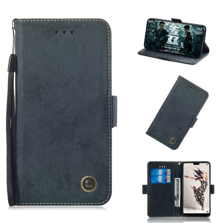 Vintage Style Wallet Leather Stand Cover for Huawei P20 Pro - Dark Blue-1
