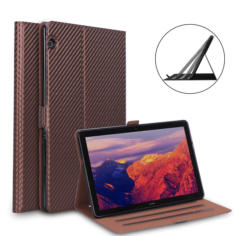 WY-1595A Carbon Fiber Texture PU Leather Protective Shell for Huawei MediaPad T5 10 - Brown-1