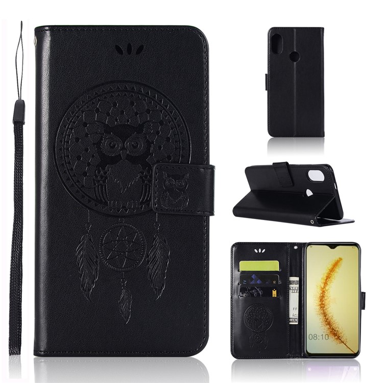 Imprint Owl Dream Catcher Wallet Stand Leather Cover for Huawei Honor 10 Lite / P Smart (2019) - Black-1