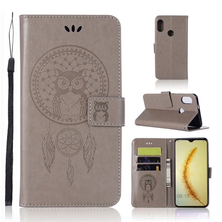 Imprint Owl Dream Catcher Wallet Stand Leather Case for Huawei Honor 10 Lite / P Smart (2019) - Grey-1
