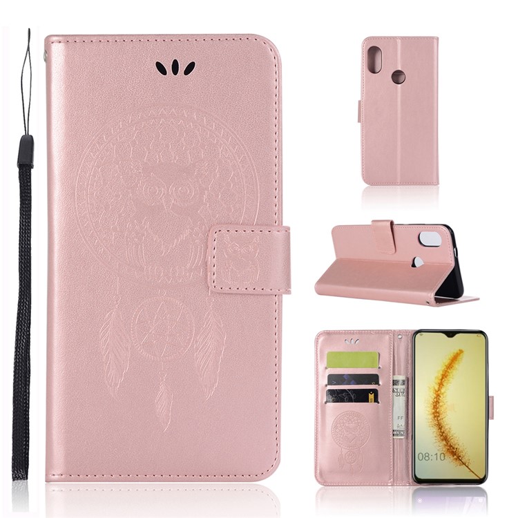 Imprint Owl Dream Catcher Wallet Stand Leather Shell for Huawei Honor 10 Lite / P Smart (2019) - Rose Gold-1