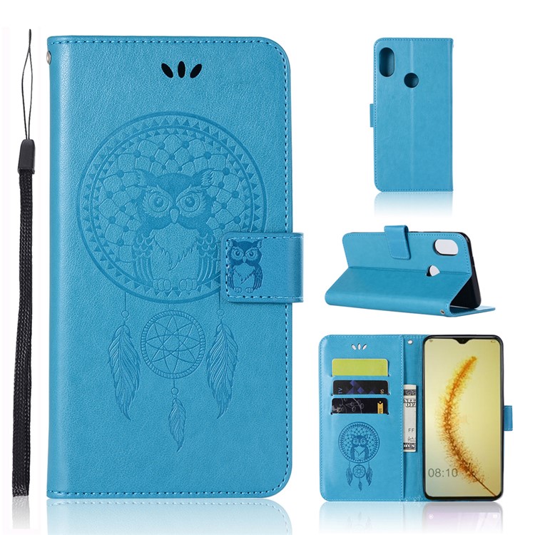 Imprint Owl Dream Catcher Wallet Stand Leather Protective Cover for Huawei Honor 10 Lite / P Smart (2019) - Blue-1