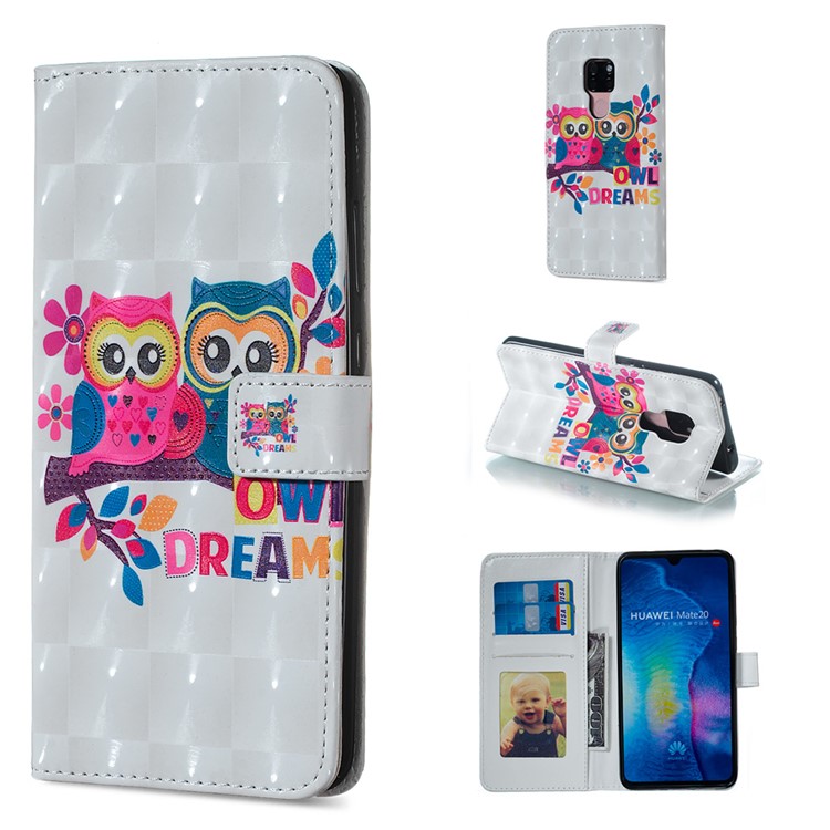 For Huawei Mate 20 Pattern Printing Leather Stand Case Light Spot Decor - Owls on Branch-1