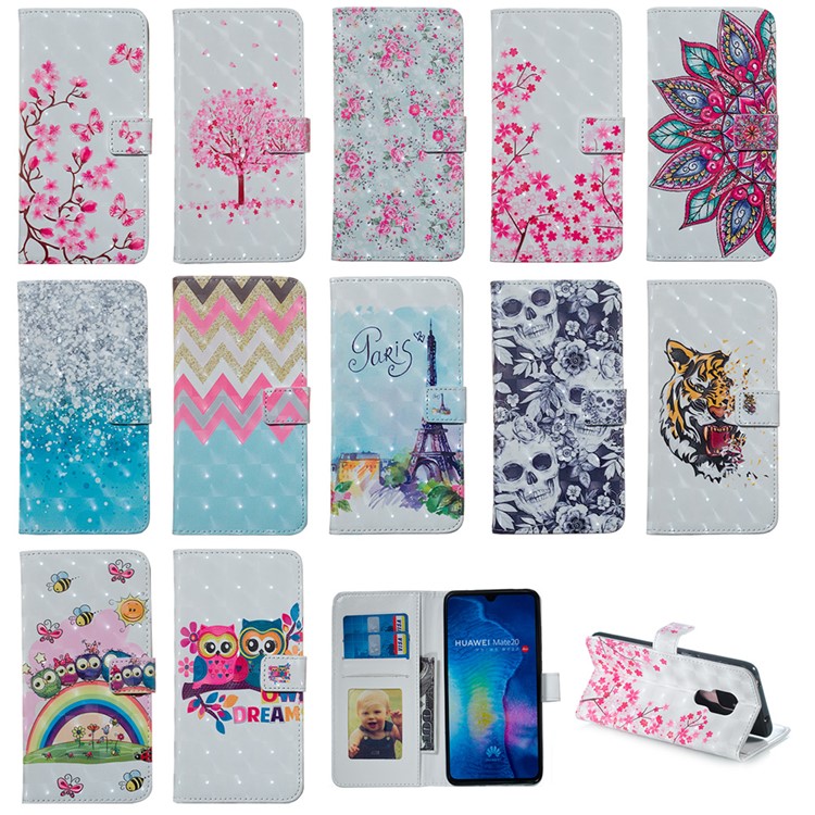 For Huawei Mate 20 Pattern Printing Leather Stand Case Light Spot Decor - Owls on Branch-11