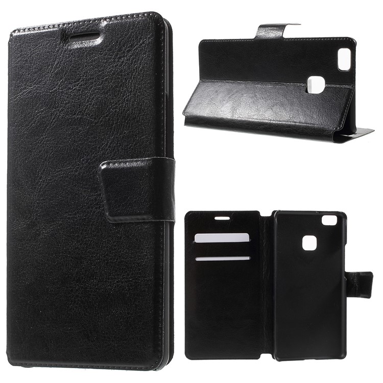 Crazy Horse Leather Flip Phone Case for Huawei P9 Lite - Black-1