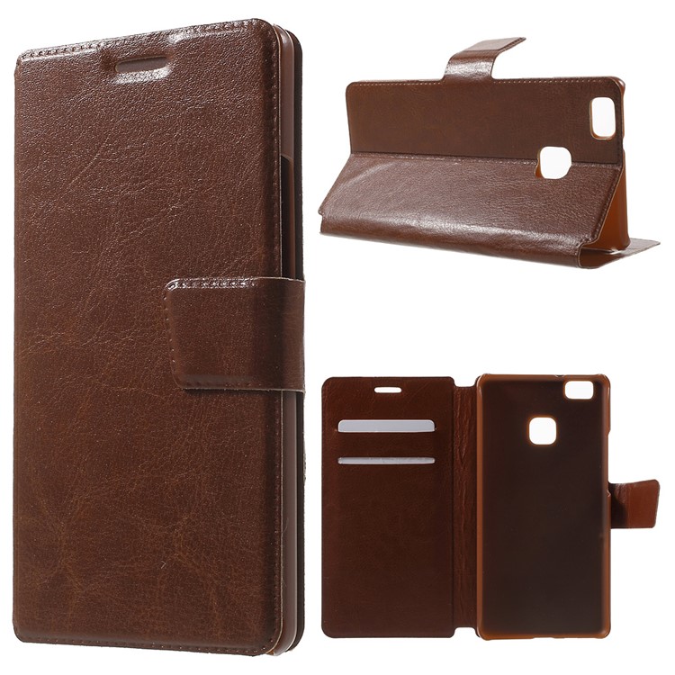 Crazy Horse Leather Stand Phone Cover for Huawei P9 Lite - Brown-1