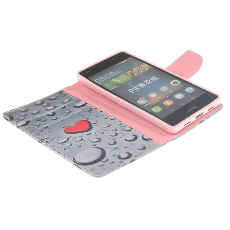 Leather Stand Case with Card Slots for Huawei Ascend P8 Lite - Hearts and Raindrop-7