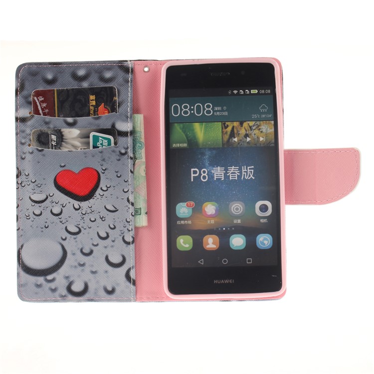 Leather Stand Case with Card Slots for Huawei Ascend P8 Lite - Hearts and Raindrop-8