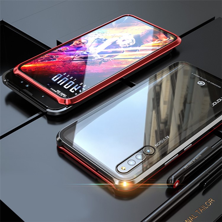 Magnetic Attraction Metal Frame + Tempered Glass Back Cover for Huawei Honor Magic 2 - Red-1