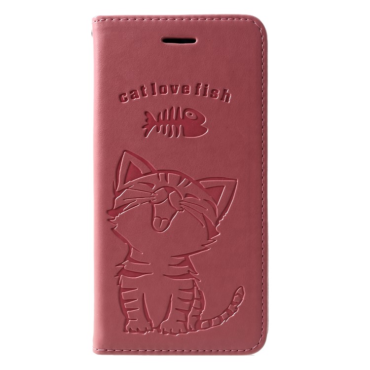 For Huawei Honor 10 Lite Imprint Cat and Fish Bone Wallet Stand Leather Shell - Pink-1