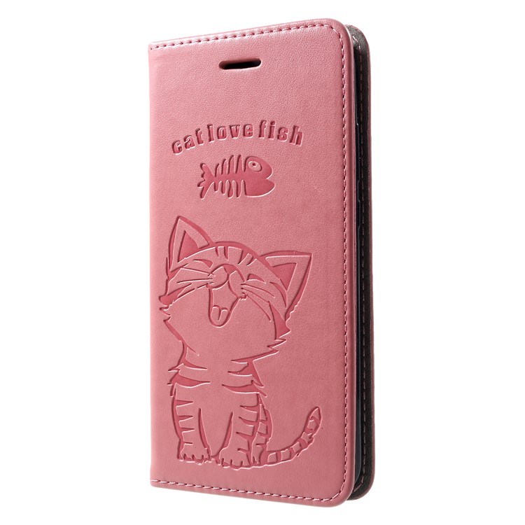For Huawei Honor 10 Lite Imprint Cat and Fish Bone Wallet Stand Leather Shell - Pink-3