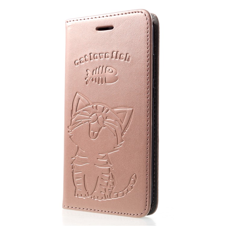 For Huawei Honor 10 Lite Imprint Cat and Fish Bone Wallet Stand Leather Casing - Rose Gold-3