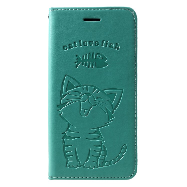 For Huawei Honor 10 Lite Imprint Cat and Fish Bone Wallet Stand Leather Mobile Phone Cover - Cyan-1