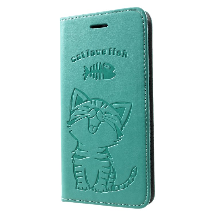 For Huawei Honor 10 Lite Imprint Cat and Fish Bone Wallet Stand Leather Mobile Phone Cover - Cyan-3