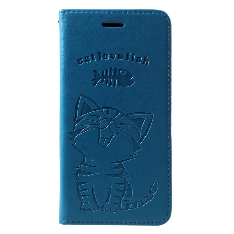 For Huawei Honor 10 Lite Imprint Cat and Fish Bone Wallet Stand Leather Cell Phone Cover - Baby Blue-1